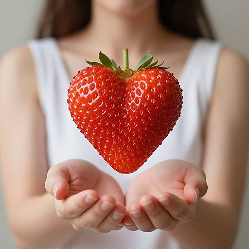 Photograph of a woman in a white sleeveless top, with outstretched hands holding a large, vibrant red strawberry in front of her. Bl
