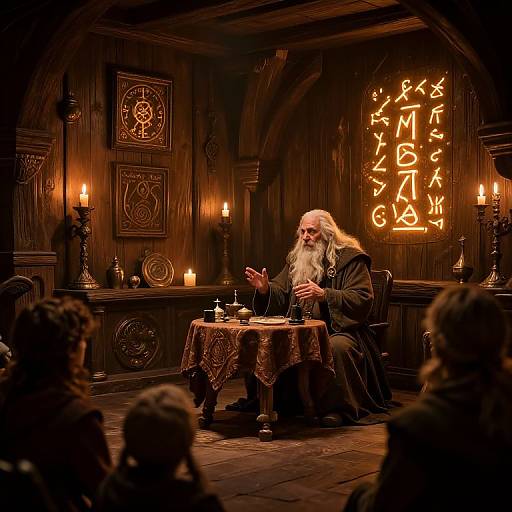 Photograph of an elderly wizard with a long white beard, wearing a dark robe, lecturing in a dimly lit wooden room with candles and glowing