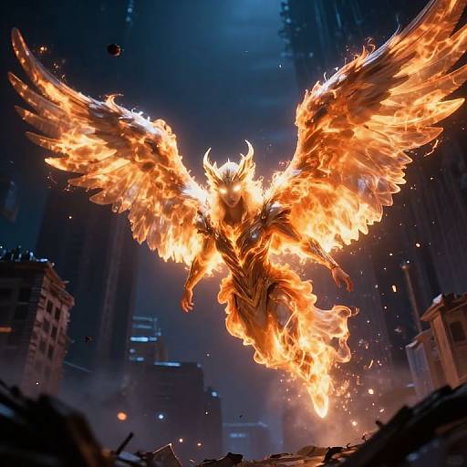 Digital art of a fiery, winged phoenix soaring over a dark, ruined cityscape with glowing orange flames and scattered debris.