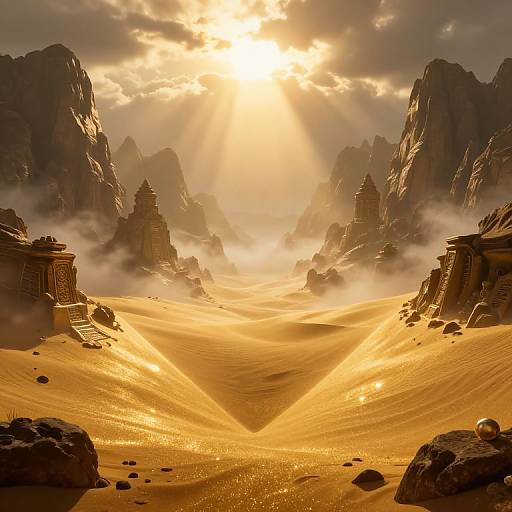 Photorealistic CGI of a golden desert canyon with sun rays piercing through cloudy sky, surrounded by towering rock formations, with sand dunes and scattered rocks