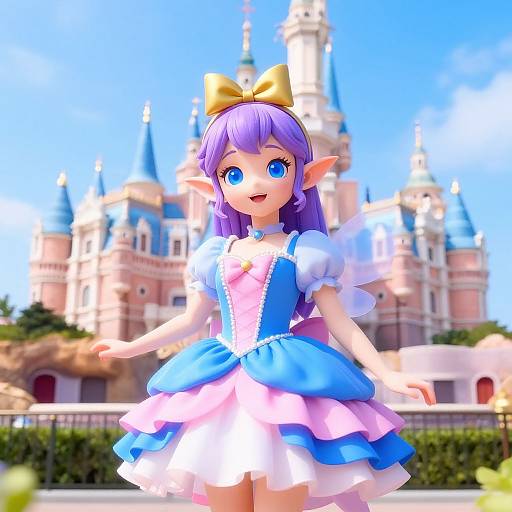 Digital anime-style drawing of a cute, purple-haired girl with blue eyes, elf-like ears, wearing a blue and pink dress, yellow bow, in
