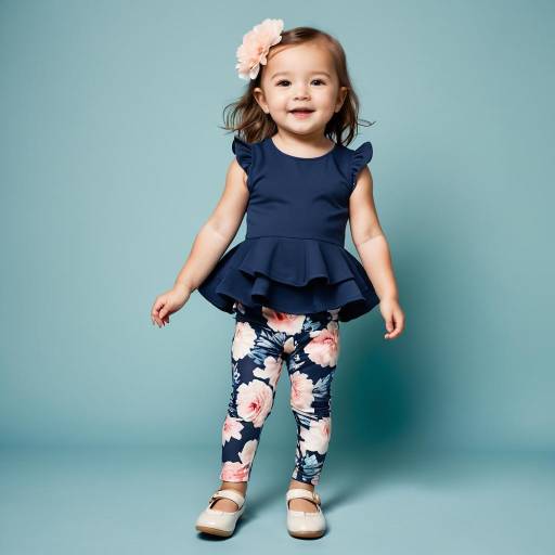 Smiling toddler girl in floral leggings and navy top