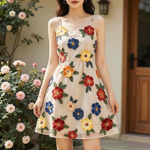 Photograph of a young woman in a sleeveless, white floral dress with red, blue, and yellow flowers, standing in a sunlit garden with