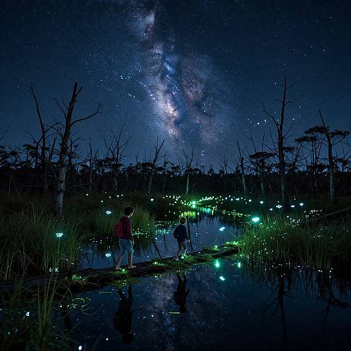Photograph of two people standing in a starlit, night-sky-filled marsh, surrounded by glowing lanterns, with the Milky Way visible above.