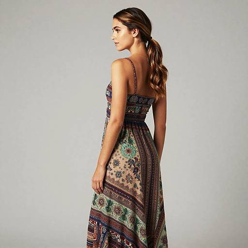 Photograph of a woman with long brown hair in a ponytail, wearing a colorful, patterned, sleeveless dress, standing against a plain white