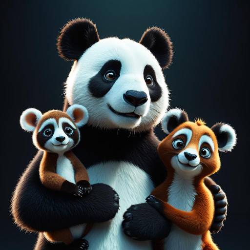 3D Cartoon Portrait of Panda with Baby Lemur and Kangaroo