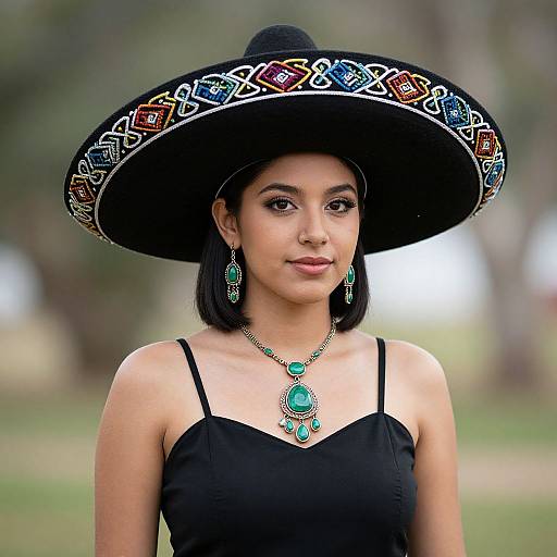 Photograph of a young woman with medium brown skin, black bob haircut, wearing a black dress and large, ornate black hat with colorful embroidery,