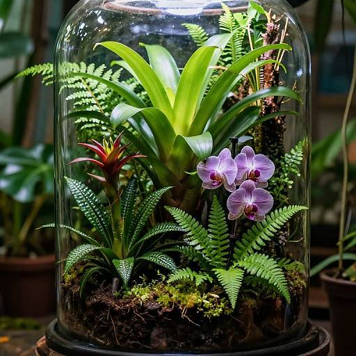 Photograph of a lush terrarium with vibrant green ferns, a red-tinged plant, and purple orchids, enclosed in a clear glass