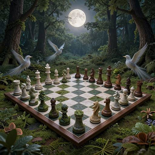 Fantastical forest moonlit chess scene with white and brown chess pieces, two flying doves, and a full moon overhead.