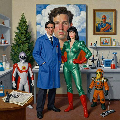 Photorealistic digital art of a man in a blue lab coat, woman in green latex suit, and three superheroes in a lab.