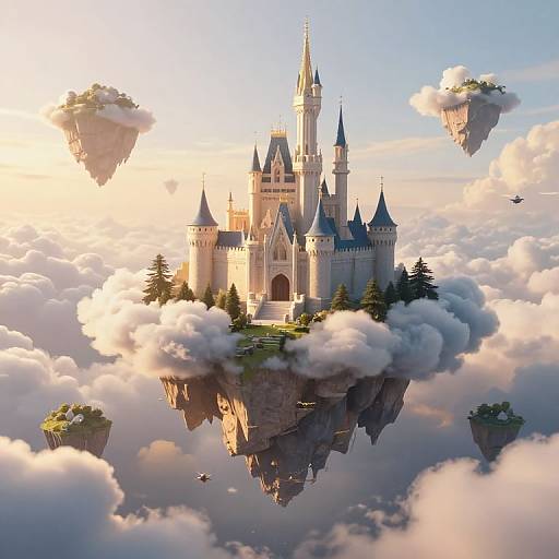 Digital fantasy artwork of a floating, majestic castle with spires, surrounded by fluffy clouds, isolated rock islands, and flying birds.
