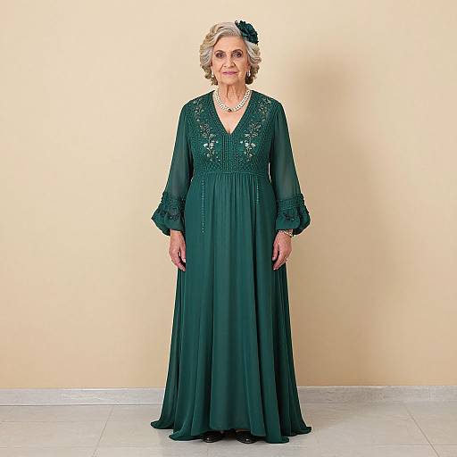 Photograph of an elderly woman with short gray hair, wearing a long, dark green lace dress, white necklace, and black flower hair accessory, standing