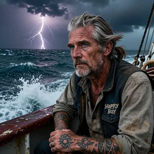 Photograph of a rugged, gray-haired man with tattoos, wearing a weathered vest, gazing at a stormy sea with a bright lightning bolt