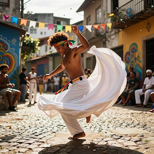 Photograph of a shirtless, dark-skinned man with curly hair dancing in a white skirt, wearing a colorful headband, in a sunlit