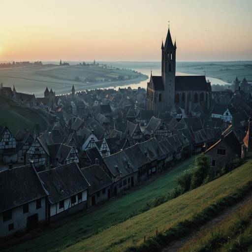 Medieval Village at Dawn with Church Tower