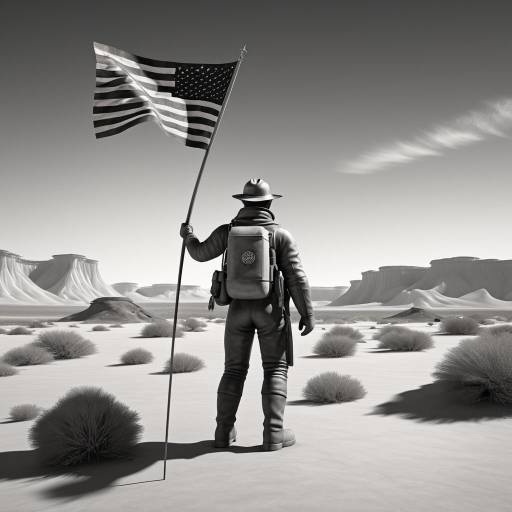 Explorer Waving American Flag in Desert Wasteland