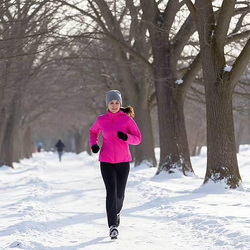 Photograph of a smiling woman running in a snowy, tree-lined park, wearing a bright pink jacket, black pants, gray beanie, and black