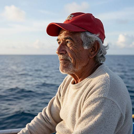 Photograph of an elderly man with gray hair and beard, wearing a red cap and beige sweater, sitting by a calm ocean under a blue sky.