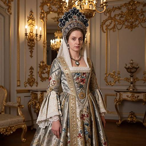 Photograph of a fair-skinned woman in an elaborate 18th-century silver and gold floral gown with lace trim and ornate headdress, standing
