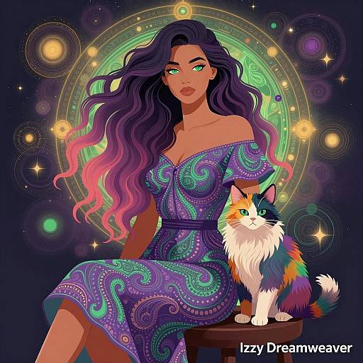Woman with Multicolored Hair and Cat in Celestial Setting