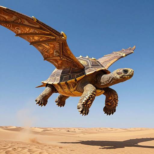 Digital artwork of a fantastical turtle-dragon hybrid soaring over a sandy desert with a bright blue sky. Detailed scales and wings blend reptilian and mythical