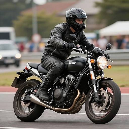 Photograph of a male motorcyclist in black leather gear, riding a black BMW motorcycle on a road, with blurred background and oncoming traffic.