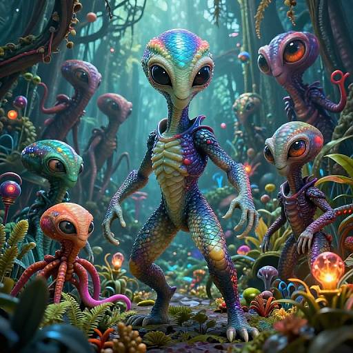 CGI fantasy scene of vibrant, alien-like creatures with large eyes and colorful, scaly skin in a lush, bioluminescent forest.