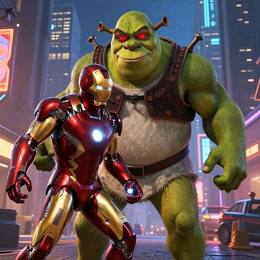 CGI image of a muscular green Hulk in a fur loincloth and metal armor, walking beside a shiny red and gold Iron Man in a neon