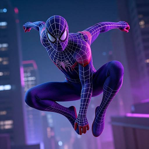 CGI image of Spider-Man in a neon blue and purple spider suit, mid-leap against a cityscape with glowing skyscrapers.