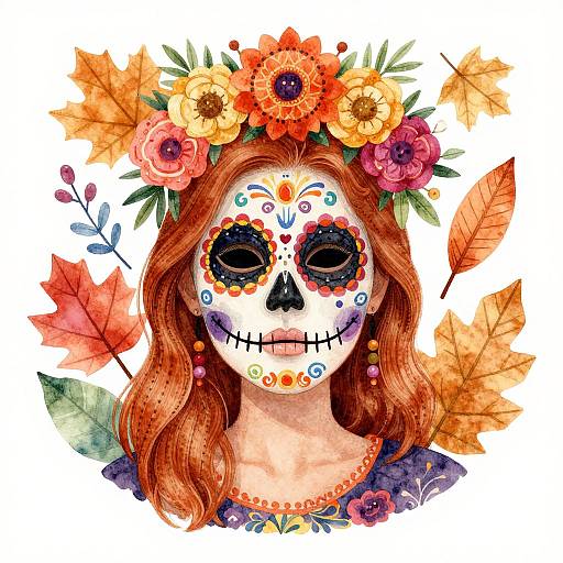 Watercolor illustration of a Day of the Dead girl with red hair, colorful skull face, flower crown, and autumn leaves.