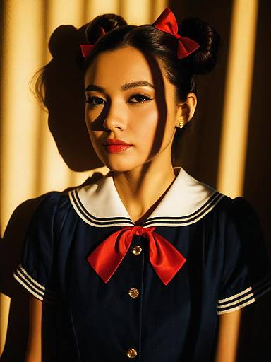Asian Woman in Sailor-Style Outfit with Double Hair Buns