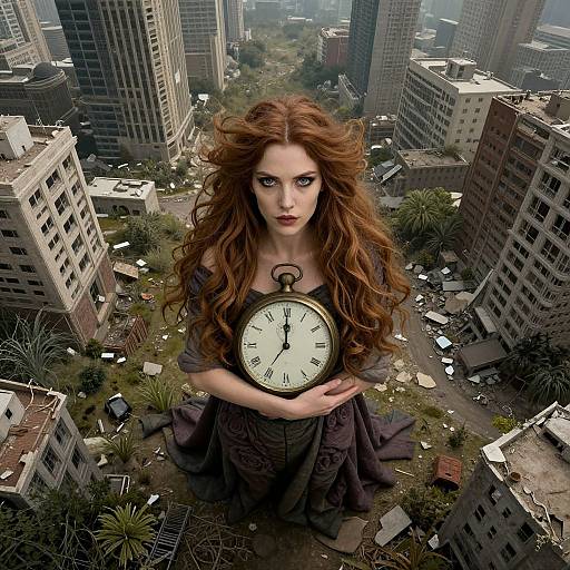 Digital art: Giant red-haired woman with intense gaze, wearing a dark dress, holds a pocket watch, standing amidst a dilapidated urban landscape surrounded