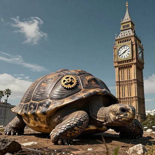 Photorealistic CGI: Giant tortoise with gears on shell in foreground, Big Ben clock tower in background, clear blue sky.