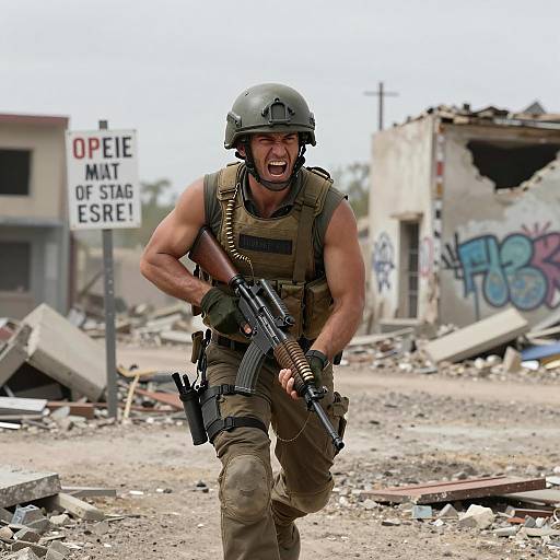 Intense Soldier in War-Torn Urban Landscape