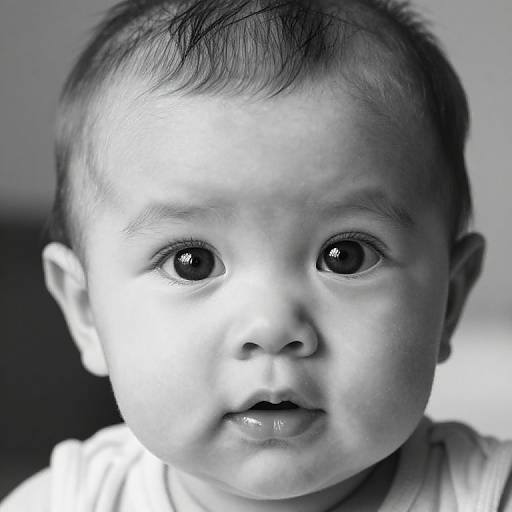 Black-and-white photograph of a close-up baby with large, dark eyes, short hair, and slightly parted lips, wearing a light-colored shirt.