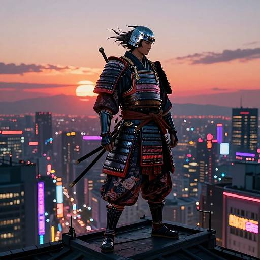 Digital art: Silhouetted samurai in detailed armor stands on rooftop at sunset, holding katana, overlooking neon-lit cityscape with vibrant