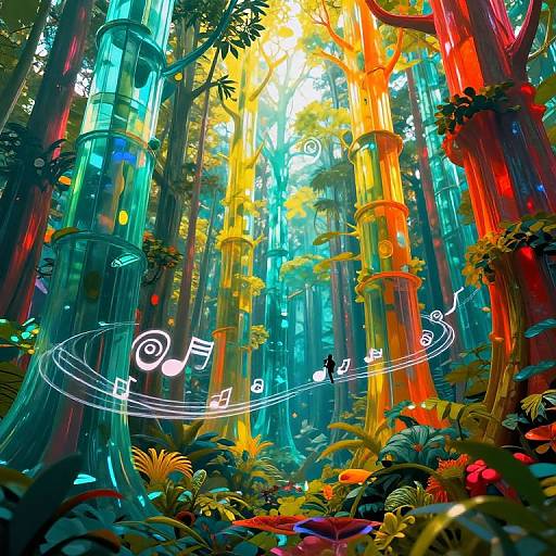 Vibrant digital painting of a colorful, enchanted forest with glowing trees, musical notes, and a small black silhouette figure. Bright, neon colors dominate