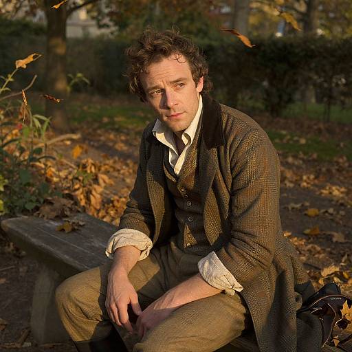 Photograph of a curly-haired man in a brown tweed coat and beige pants, sitting on a wooden bench in a sunlit autumn park. Fallen