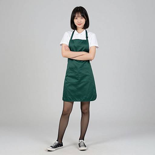 Photograph of an Asian woman with black bob haircut, white shirt, green apron, black tights, and black sneakers, standing with arms crossed