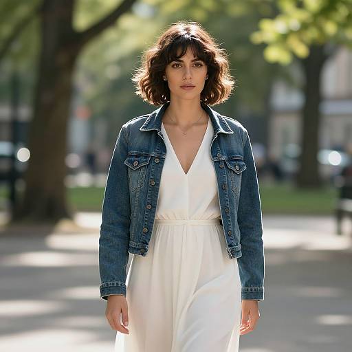 Photograph of a woman with short brown hair, wearing a white dress and blue denim jacket, walking in a sunlit park. Blurred trees and