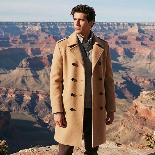 Photograph of a man with dark hair wearing a beige double-breasted coat, standing on a rocky cliff overlooking the Grand Canyon.