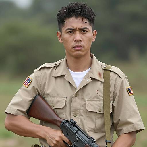 Serious Soldier Holding Rifle in Military Uniform
