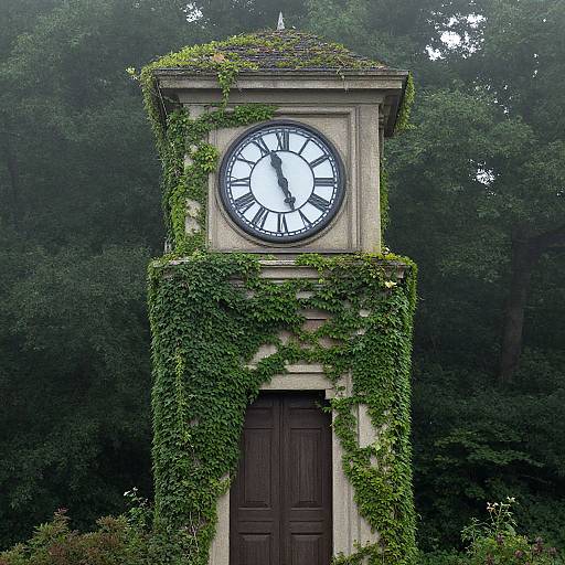 Photograph of a vintage clock tower covered in lush green ivy, with a black clock face and Roman numerals, set against a dense forest background