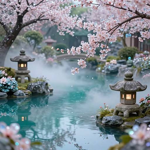 Photograph of a serene Japanese garden with two stone lanterns, a misty blue pond, and pink cherry blossoms overhead.