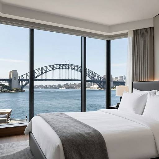 Photograph of a modern hotel room with a large window showing Sydney Harbour Bridge and water view, white bed with gray blanket.
