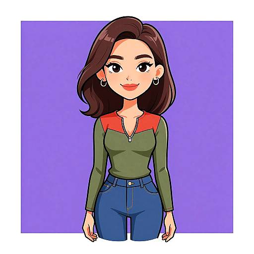Digital cartoon of a smiling woman with brown hair, green top with red sleeves, and blue jeans against a purple background.