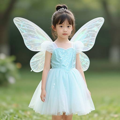 Photograph of a young Asian girl with black hair in a bun, wearing a white fairy dress and transparent wings, standing in a green, sunny garden