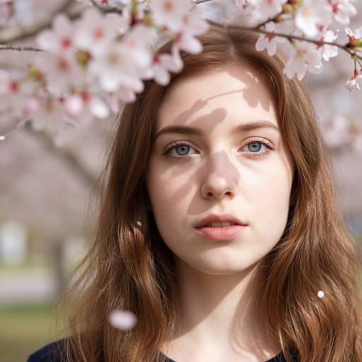 Photograph of a young woman with blue eyes and long brown hair, standing beneath cherry blossom branches, with soft sunlight filtering through petals.