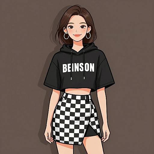 Digital drawing of a young woman with short brown hair, wearing a black 