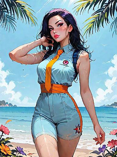 Woman in Blue Jumpsuit on Beach